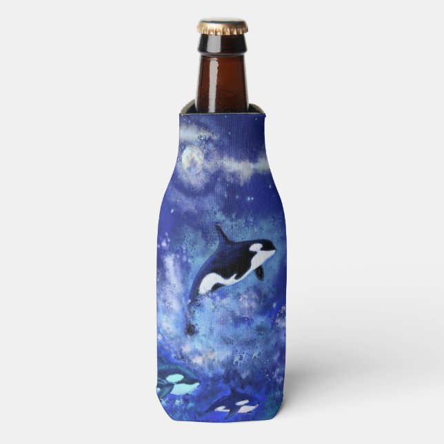 Killer Whales on Full Moon - Art Drawing - Bottle Cooler (Bottle Front)