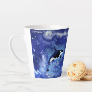 Killer Whales on Full Moon - Art Drawing Latte Mug