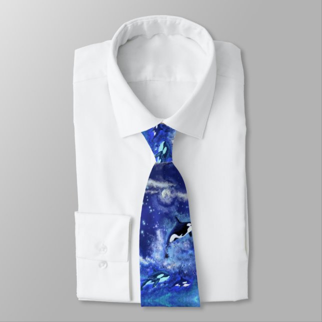 Killer Whales on Full Moon - Art Drawing Tie (Tied)