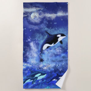 Killer Whales on Full Moon - Drawing Beach Towel