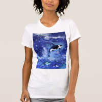 Killer Whales on Full Moon T-Shirt - Painting