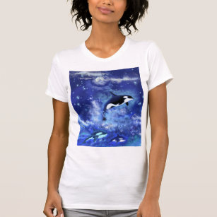 Killer Whales on Full Moon T-Shirt - Painting