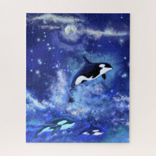 Killer Whales Swimming on Full Moon - Drawing Art Jigsaw Puzzle