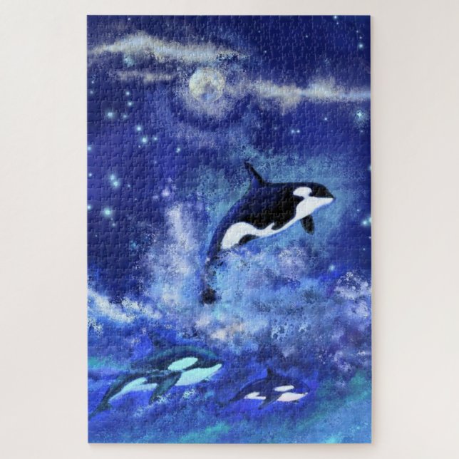 Killer Whales Swimming on Full Moon Puzzle Gift (Vertical)