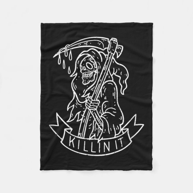 Killin It, Funny Grim Reaper Distressed Tattoo Art Fleece Blanket (Front)