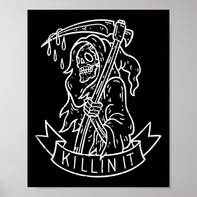 Killin It, Funny Grim Reaper Distressed Tattoo Art Poster (Front)