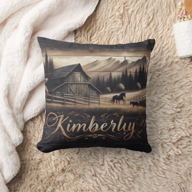 Kimberly Barn Surrounded by Horses and Mountains Cushion (Blanket)