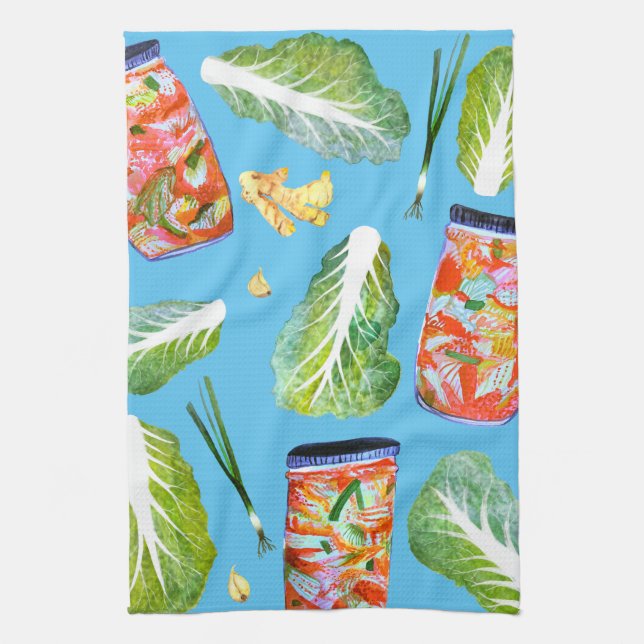Kimchi Ingredients Watercolor Fun Fermentation Tea Towel (Vertical)