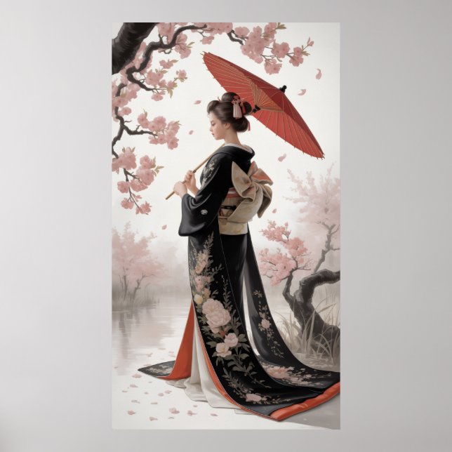 Kimono and Cherry Blossoms Poster (Front)