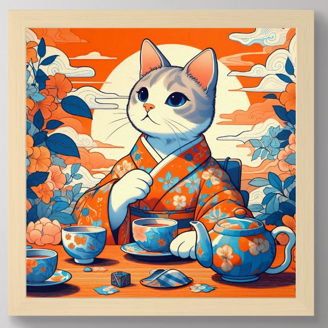 Kimono Cat Drinking Tea Japanese Orange Blue Poster (Creator Uploaded)