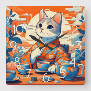 Kimono Cat Drinking Tea Japanese Orange Blue Square Wall Clock