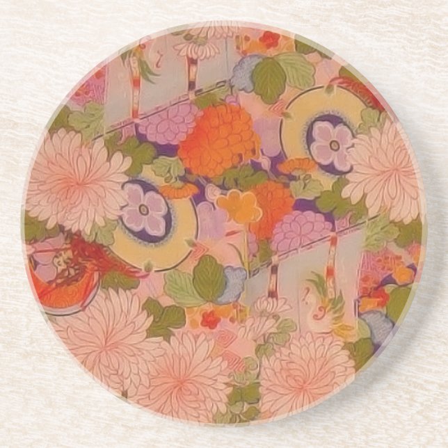 Kimono Flower Pink Floral Pattern Coaster (Front)