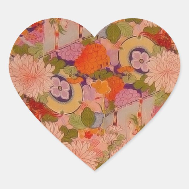 Kimono Flower Pink Floral Pattern Heart Sticker (Front)