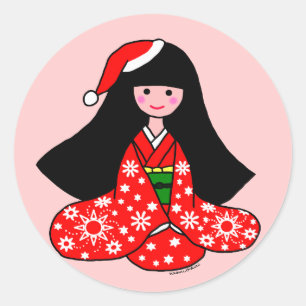 Kimono Girl Christmas Cartoon Illustration Classic Round Sticker