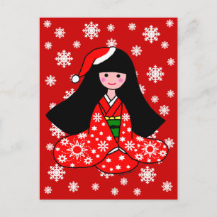 Kimono Girl Christmas Cartoon Illustration Holiday Postcard