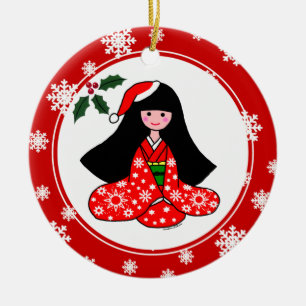 Kimono Girl Christmas Cartoon Snowflakes Ceramic Tree Decoration