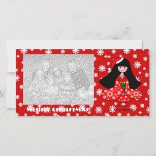 Kimono Girl Christmas Cartoon Snowflakes Holiday Card