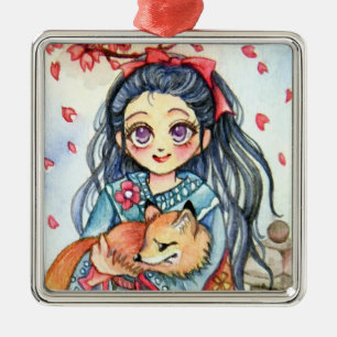 Kimono Girl Holding Little Fox Metal Tree Decoration