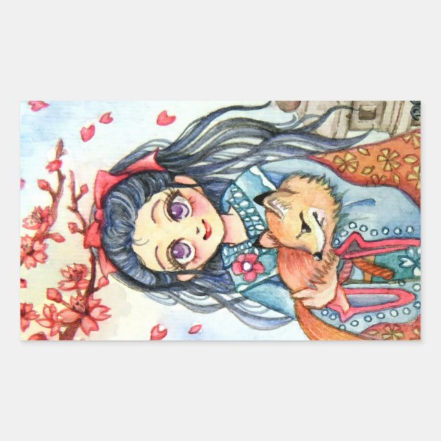 Kimono Girl Holding Little Fox Rectangular Sticker (Front)
