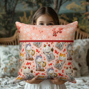 Kimono inspired Japanese Lucky Cat in Peach Pink Cushion