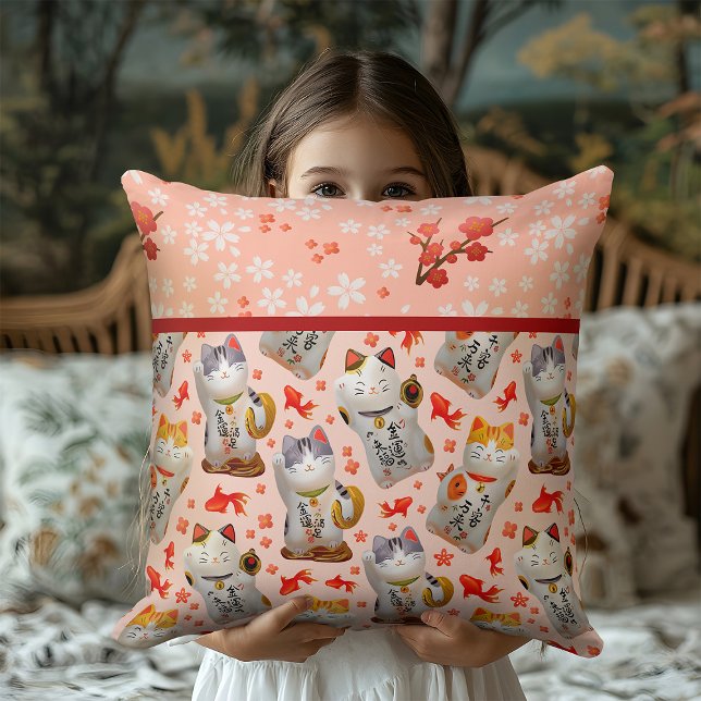 Kimono inspired Japanese Lucky Cat in Peach Pink Cushion (Creator Uploaded)