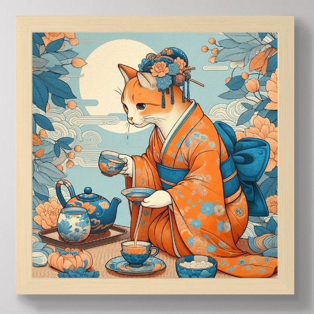 Kimono Kitty Having Tea Japanese Orange Blue Poster (Creator Uploaded)