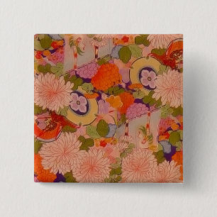 Kimono Pink Floral Art Fabric Painting 15 Cm Square Badge