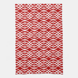 Kimono print, dark red and white tea towel