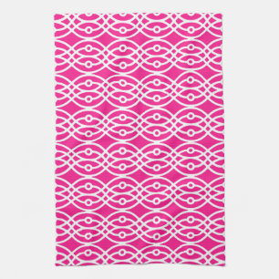 Kimono print, fuchsia pink and white tea towel