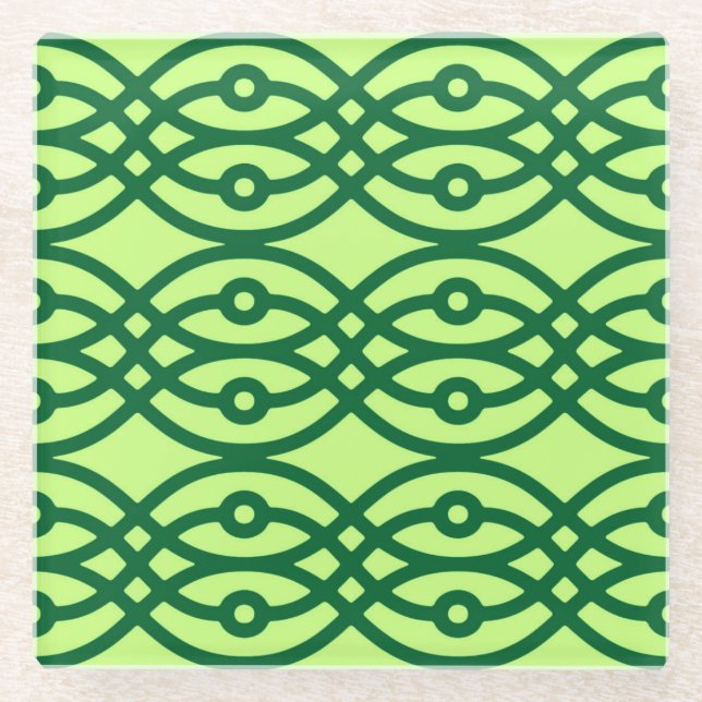 Kimono print, light & dark green glass coaster (Front)