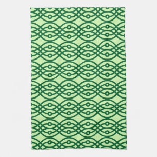 Kimono print, light & dark green tea towel