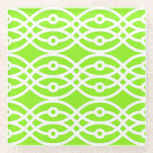 Kimono print, lime green and white glass coaster
