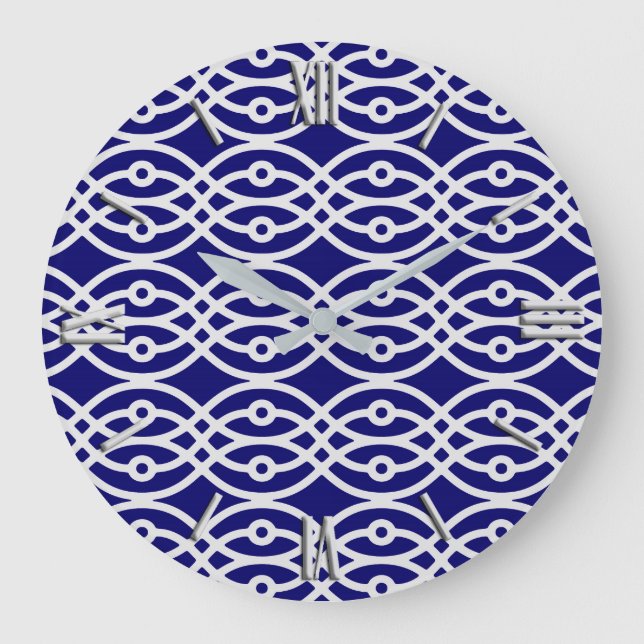 Kimono print, silver grey and navy blue large clock (Front)