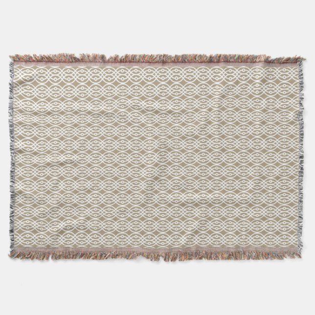 Kimono print, taupe tan and white throw blanket (Front)