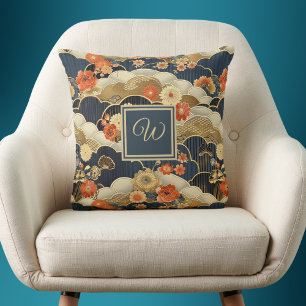 Kimono Style Floral Japanese Print with Monogram Cushion