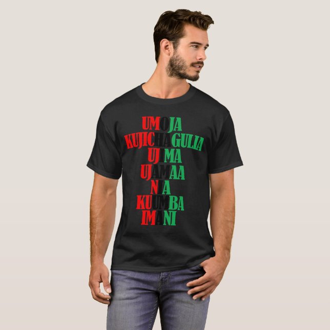 Kinara Colours Text Seven Principles of Kwanzaa T-Shirt (Front Full)