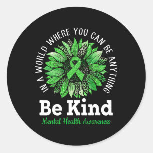 Kind Green Ribbon Sunflower Mental Health Awarenes Classic Round Sticker