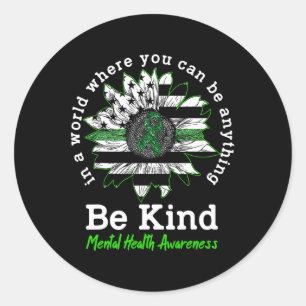 Kind Green Ribbon Sunflower Mental Health Awarenes Classic Round Sticker