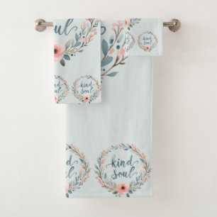 Kind Soul Floral Wreath Watercolor Quote Bath Towel Set