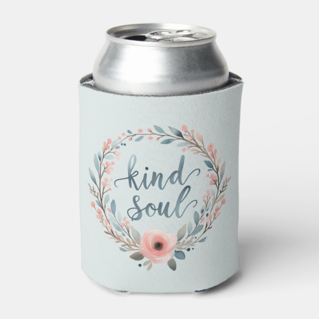 Kind Soul Floral Wreath Watercolor Quote Can Cooler (Can Front)