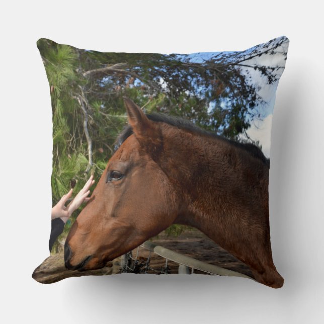 "Kind Touch: Bonding with a Gentle Brown Horse" Cushion (Front)