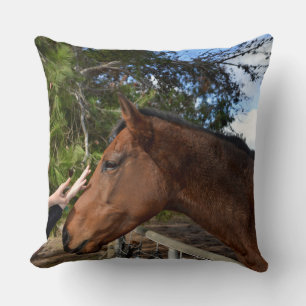 "Kind Touch: Bonding with a Gentle Brown Horse" Cushion