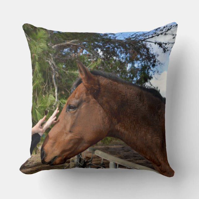 "Kind Touch: Bonding with a Gentle Brown Horse" Cushion (Front)