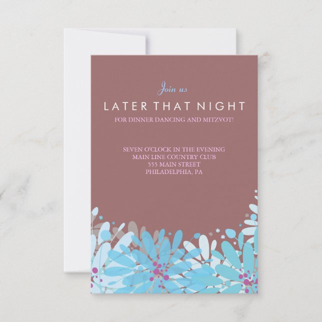 KINDA BLUE FLOWERS Bat Mitzvah Party Card (Front)