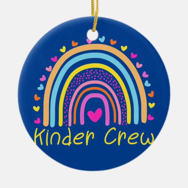 Kinder Crew Kindergarten Teacher Rainbow Heart  Ceramic Ornament (Front)