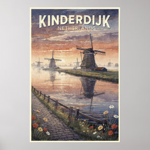 Kinderdijk Netherlands Vintage Travel Poster