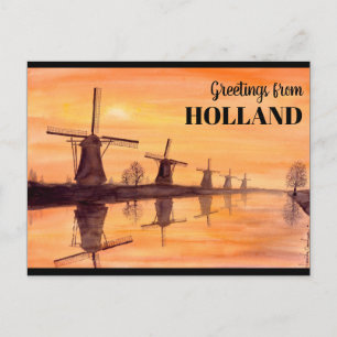 Kinderdijk Windmills Sunset - Watercolor Painting Postcard