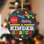 Kindergarten Colourful Chalkboard Keepsake Kids Ceramic Ornament<br><div class="desc">Kindergarten ornament design features an apple, a ruler, crayons and bold, colourful fun typography! Click the customise button for more options for modifying the text! Variations of this design, photo options, other school grades, additional colours, as well as coordinating products are available in our shop, zazzle.com/store/doodlelulu. Contact us if you...</div>