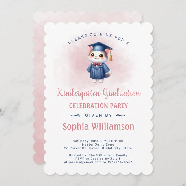 Kindergarten Girl Graduation Cat Invitation (Front/Back)