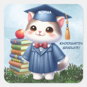 Kindergarten Graduation Girl Cat Congratulations Square Sticker